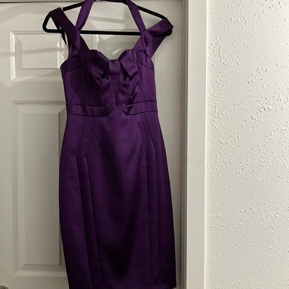 Karen Millen size 8 brand new dark purple body con retro satin cocktail dress - Picture 2 of 8